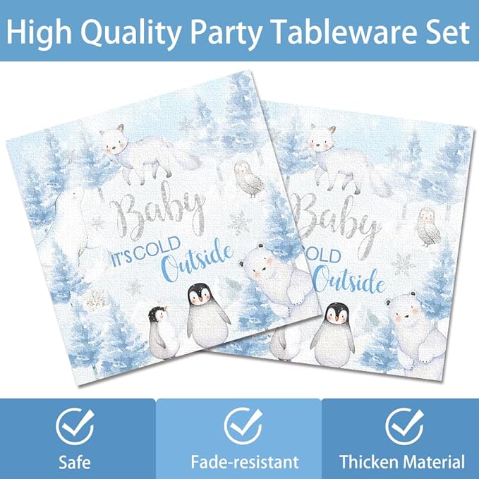 170pcs Winter Woodland Baby Shower Decorations Arctic Animals Plates Napkins Baby It's Cold Outside Snowflake Penguin Arctic Fox Tableware Set Banner Tablecloth for 24 Guests