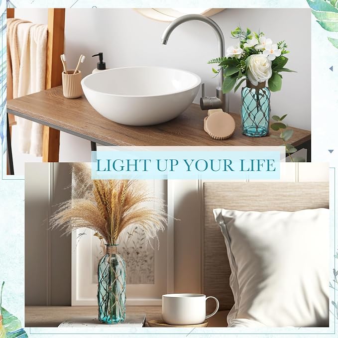 Chuangdi Set of 2 Coastal Glass Vases for Flowers TSITP Flower Vase with Boho Rope Small Sea Glass Jar Nautical Beach Bottle for Wedding Table Centerpieces Floral Arrangement Decor(Light Blue)