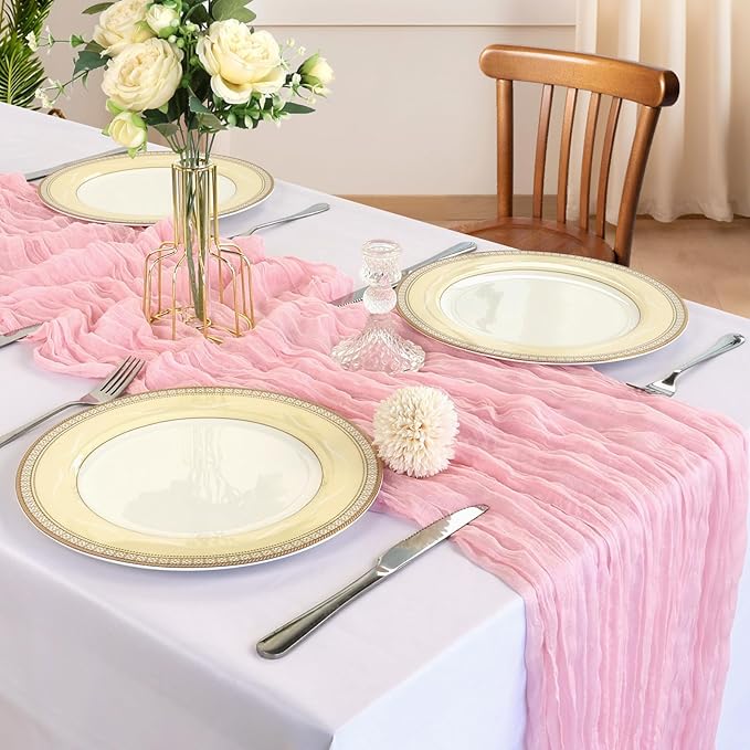 12 Pack 10FT Pink Cheesecloth Table Runner 120 Inch Long Gauze Rustic Boho Spring Cheese Cloth Table Runner Sheer Fabric Decorations for Holiday Party Wedding Banquet Bridal Baby Shower Décor