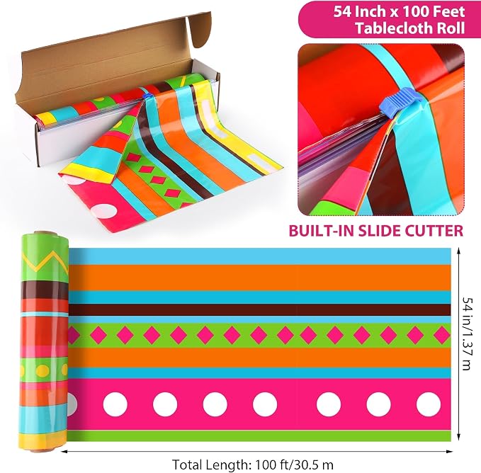 Kochorie 100 Ft x 54 Inch Mexican Fiesta Party Tablecloth Roll with Cutting Box Disposable Plastic Mexican Striped Table Cover Backdrop for Fiesta Taco Party Supplies