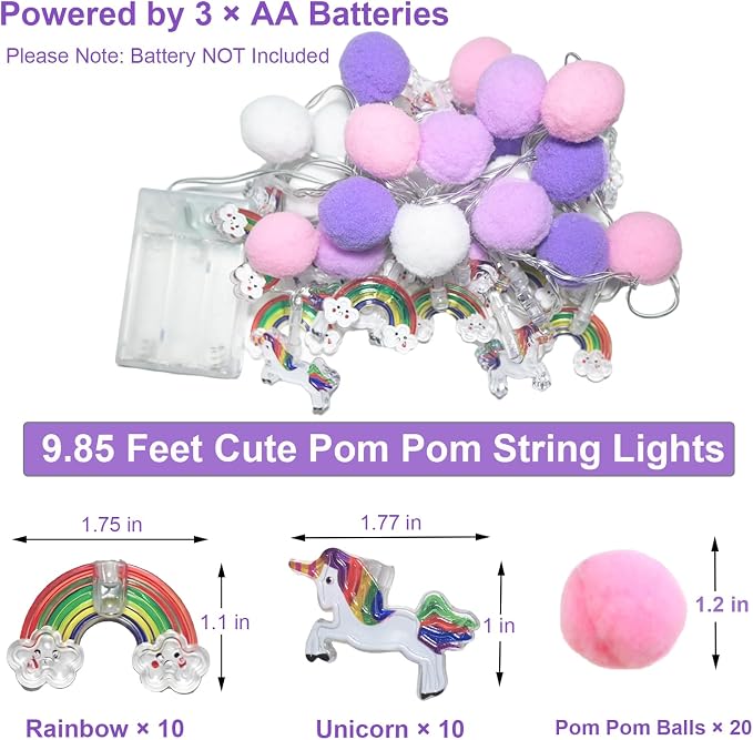 ChiRee Indoor String Lights 9.85 Ft Unicorn Rainbow String Lights with Pom Poms, 20 LED Battery Operated Fairy Lights with Timer & 8 Flash Modes, Cute Kids Girls Boys Bedroom Nursery Play Tent Decor