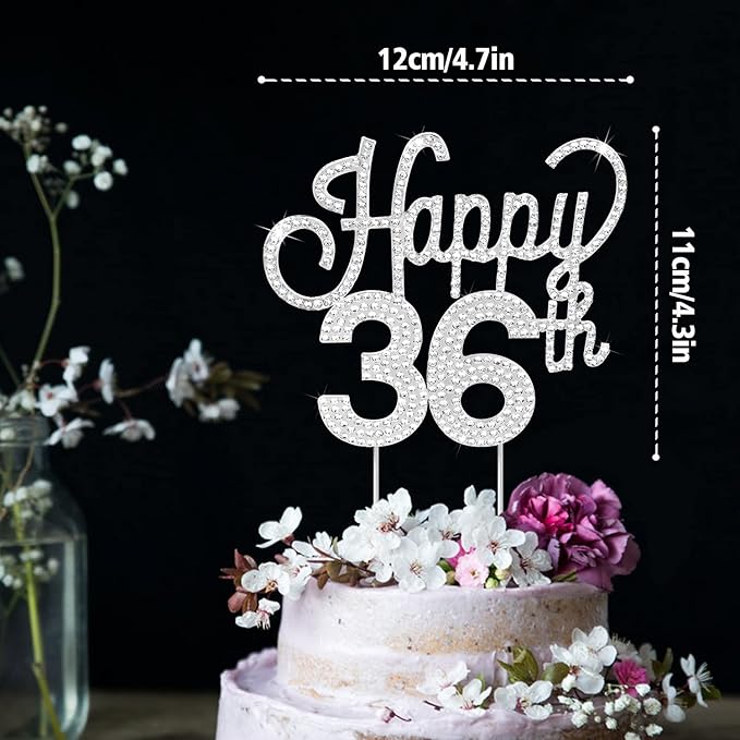 LINGTEER Happy 36th Birthday Silver Rhinestone Cake Topper - Cheers to 36th Birthday 36 Years Old Anniversary Party Cake Centerpieces Topper Decorations Gift Sign.