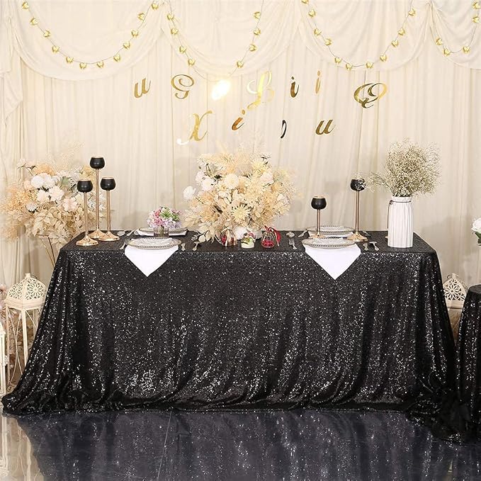 Eternal Beauty Black Tablecloth, 60x120 Inch Sequin Rectangle Table Cover for Cake Dessert Exhibition Party Birthday Events