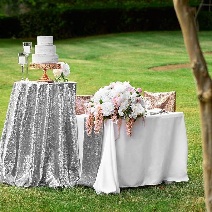 B-COOL Silver Sequin Tablecloth Decorations - 120 Inch Sparkly Table Fabric for Holiday Feast Birthday Celebration Anniversary Party