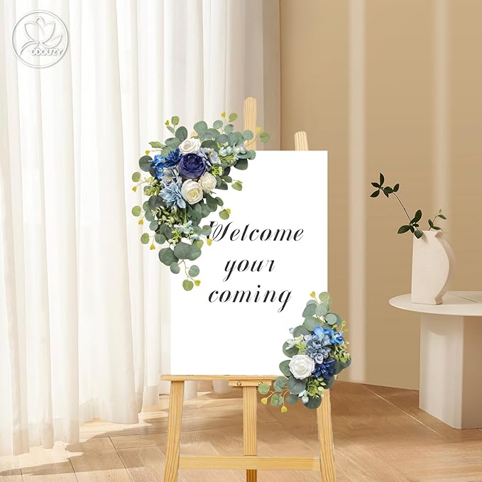 Odouzy Artificial Wedding Arch Flowers for Wedding Sign,Set of 2 for Wedding Welcome Ceremony Sign,Faux Floral Swags,Wedding, Banquet and Reception Backdrop Floral Decoration (Blue)
