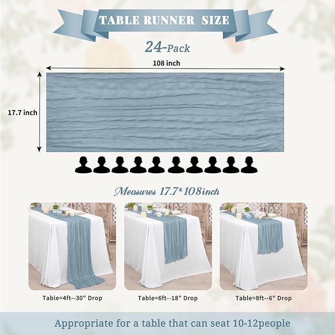 24 Pack Dusty Blue Table Runner, Cheesecloth Table Runner Long Romantic Semi Sheer Rustic Boho Gauze Table Runners for Wedding Bridal Shower Birthday Party Decorations(17.7×108 Inch)