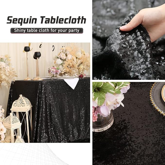 Eternal Beauty Black Tablecloth, 90x156 Inch Sequin Rectangle Table Cover for Cake Dessert Exhibition Party Birthday Events