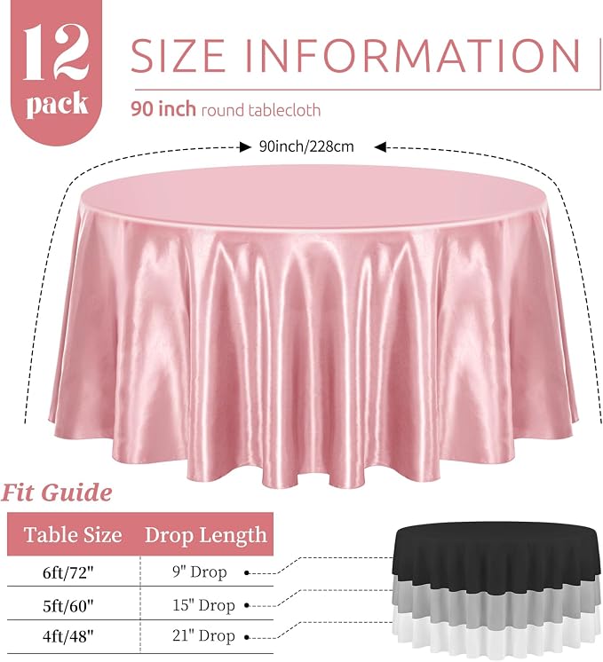 12 Pack 90 Inch Round Tablecloth, Rose Gold Satin Fabric Table Cloth for Round Tables, Wrinkle Resistant Washable TableCover Bright Silk Table Clothes for Wedding Party Dining Tables Banquet