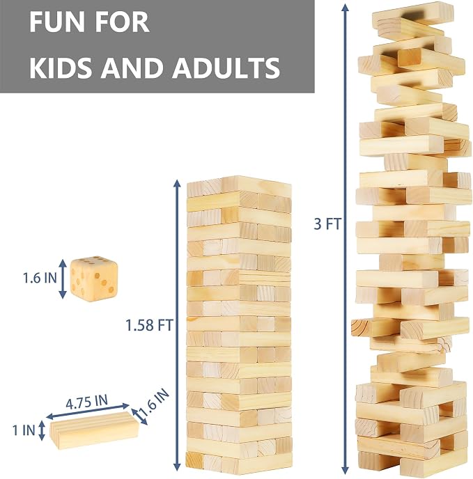 Megwoz Medium Tumble Tower Games for Kids and Adults 57 Blocks New Zealand Pine Wooden Blocks Stacking to 3FT Family Game for Indoors Outdoors Yard Games for Family