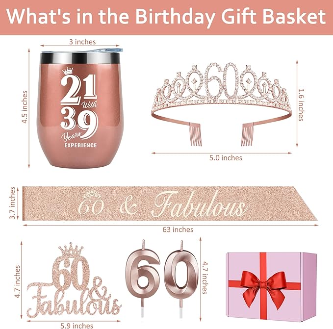 60th Birthday Decorations Gifts for Women Including Crown, Sash, Cake Topper, Candles and 12oz Wine or Coffee Tumbler Mug with Lid, Gifts for 60 Year Old Woman