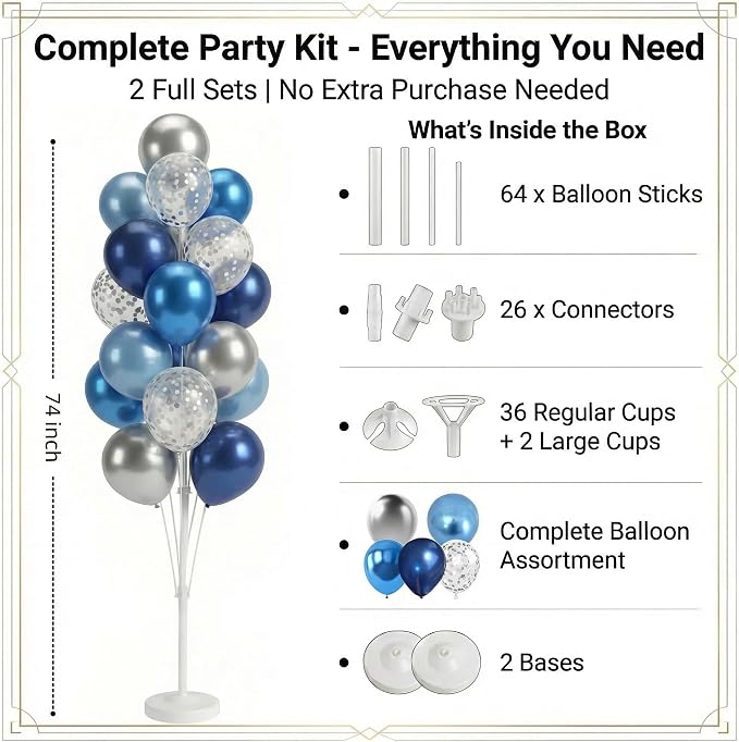 Blue Silver Balloon Column Kit Set of 2 With Dark Navy Confetti Balloons Included-Balloon Tower Stand, Base&Pole,Backdrop Decoration for Wedding, Baby Shower,Birthday,Graduation,Engagement Party
