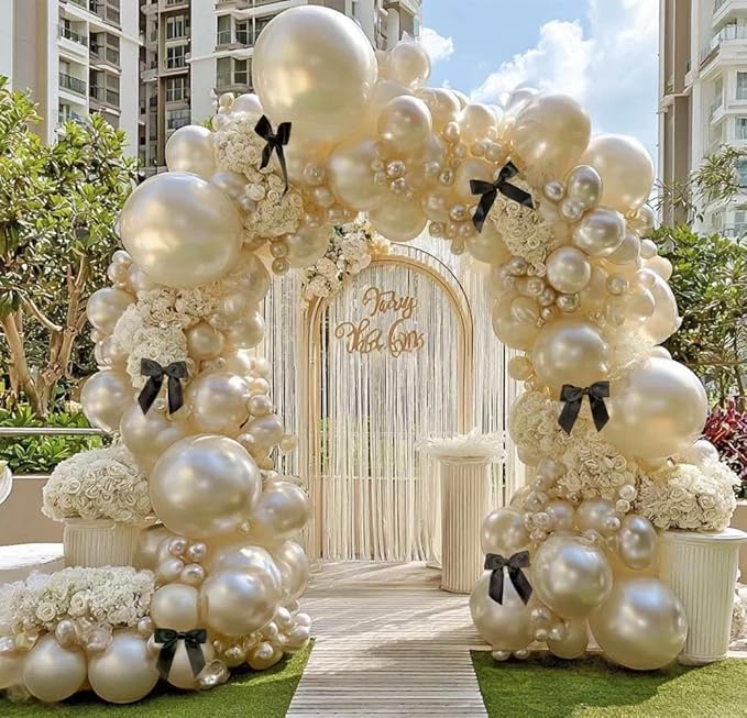 Pearl Sand White Balloon Arch Kit with Black Bow Double Stuffed Pearl Cream Ivory Beige Balloon Garland Different Size 5/12/18 Inch for Bow Birthday Bridal Wedding Baby Shower Coquette Party Decor
