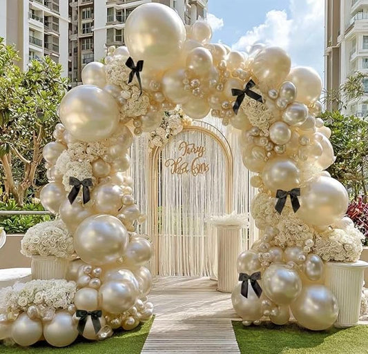 Pearl Sand White Balloon Arch Kit with Black Bow Double Stuffed Pearl Cream Ivory Beige Balloon Garland Different Size 5/12/18 Inch for Bow Birthday Bridal Wedding Baby Shower Coquette Party Decor