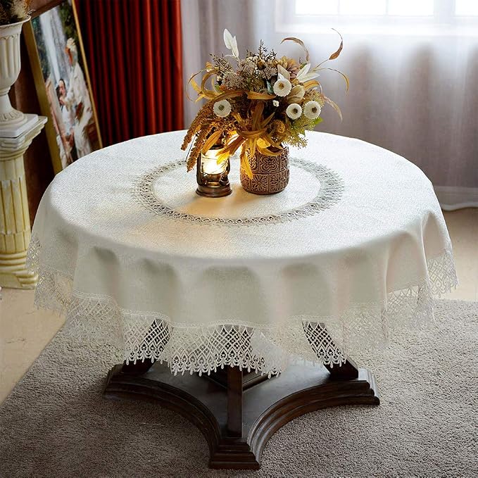 ARTABLE Round Tablecloth Lace Rustic Macrame Embroidered Table Cloths for Harvest Dresser Decor Farmhouse Kitchen Home (Ivory-2, 90" Round)