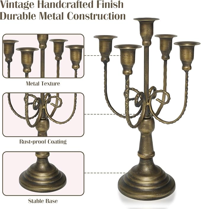 5 Arm Bronze Candelabra Candle Holder Set of 3, 11.7" Vintage Metal Candlestick Holders for Taper Candles Elegant Wedding Centerpiece Table Decor for Dining Room Fireplace Mantel Party Holiday Decor
