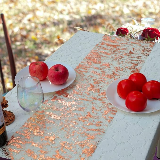Snowkingdom Rose Gold Table Runner 11 Inch x 49 Feet Glitter Sequin Metallic Pink Thin Mesh Runner Sparkly Rose Table Decorations for Wedding, Bridal Shower, Baby Shower Birthday Party