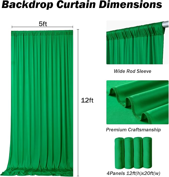 20ft×12ft Green Backdrop Curtains for Wedding Parties, 4 Panels Wrinkle Free Polyester Photo Backdrop Drapes Back Drop Cloth for Birthday Photography Background