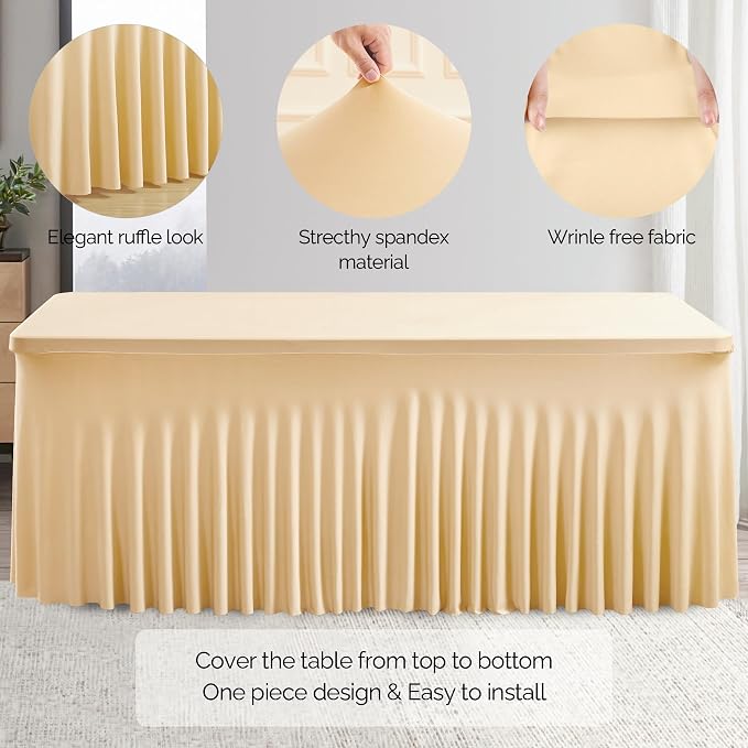 Wish Care 6 Pack Stretch Spandex Table Clothes for 8 Foot Rectangle Tables, 8FT Wrinkle Free Fitted Tablecloths Ruffles Design Table Cover for Party, Banquet, Wedding and Events