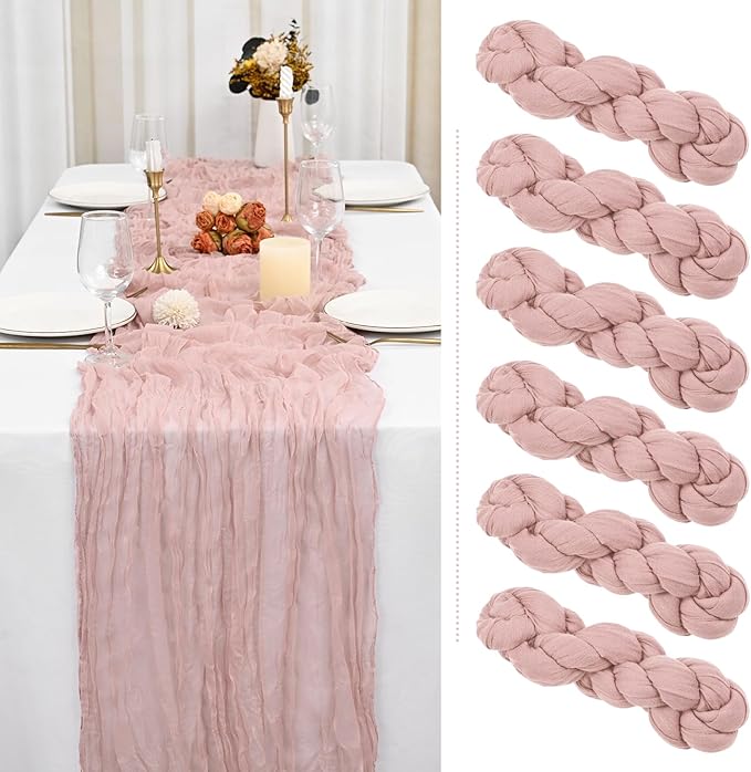 Showgeous 6 Pack Dusty Pink Cheesecloth Table Runner Gauze Table Runner 10FT Long Semi-Sheer Table Runner Boho or Rustic Wedding Table Decor for Wedding Decor Arch Draping Bridal Shower Holiday Party