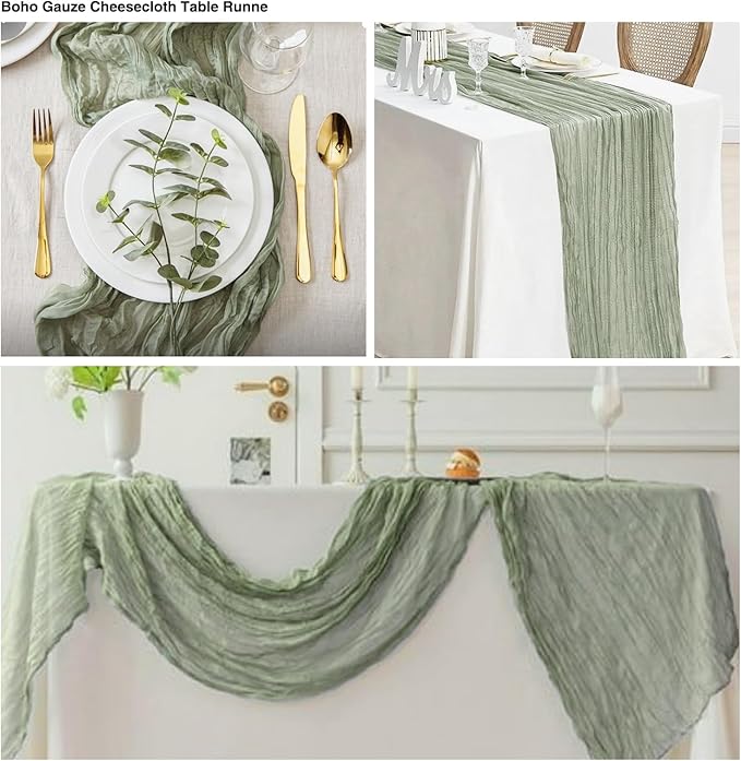 12 Pack Sage Green 10Ft Cheesecloth Table Runner 21x120 Inch Boho Wrinkled Sheer Romantic Gauze Decor for Wedding, Bridal Shower, Birthday Party