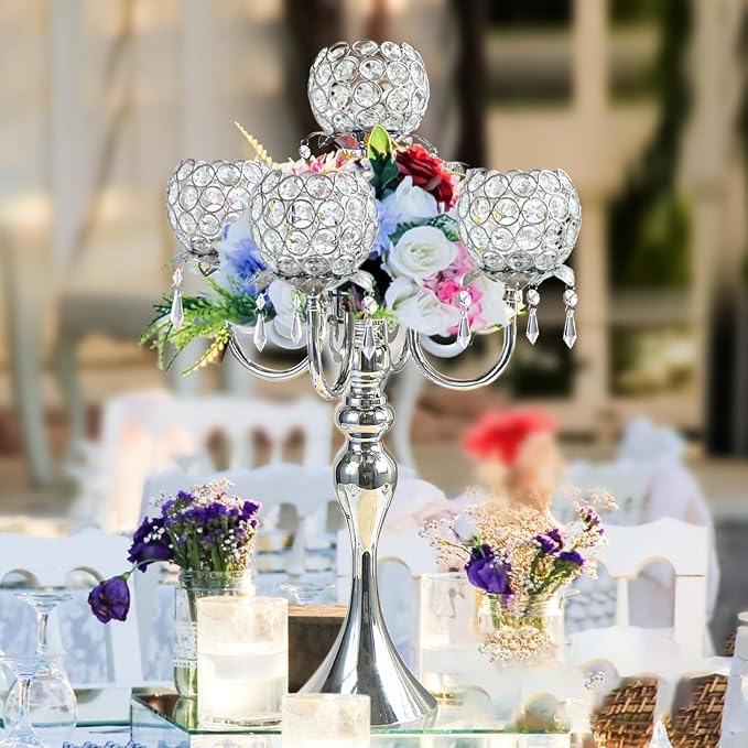 Silver 5 Arms 22.5 Inch Crystal Exquisite Candle Holder with Pendant, Elegant Table Decoration Home Decor for Restaurant Party Birthday Wedding Date