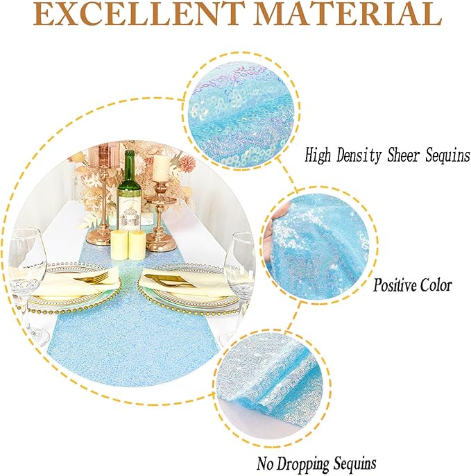 ShinyBeauty 2PC Iridescent Aqua Sequin Table Runners, 12"x108" for Rectangle Tables, Mermaid Theme, Wedding & Party Decor (Iridescent Blue)