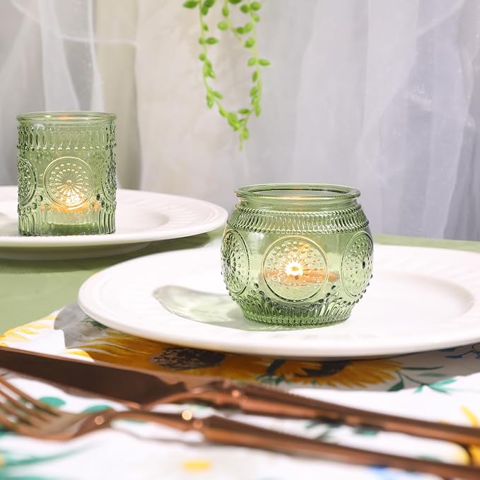 12pcs Assorted Green Votive Candle Holders for Wedding Table Decorations, Glass Tea Lights Candle Holder for Bridal Shower, Baby Shower Decrations, Boho Tea Party Decor, Wedding Party Gifts for Guests