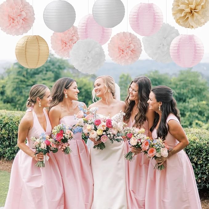 Light-Pink Gold White Party-Decorations Paper-Flowers Lanterns Panduola | 15pc Boho Tissue Pom Poms Streamers,Birthday Bachelorette Bridal Baby Shower Engagement Wedding Graduations Decor Panduola