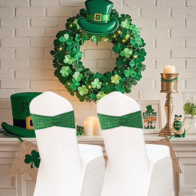 Eternal Beauty Set of 10 Green Chair Sash Band Bows Sequin Chair Sashes for Wedding Cover Decorations