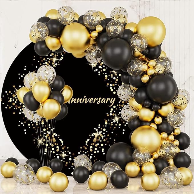 Happy Anniversary Round Backdrop Cover Black and Gold Glitter Spot Anniversary Photography Backdrop Wedding Anniversary Bridal Shower Party Decorations Circle Background Stand Cover 4ft