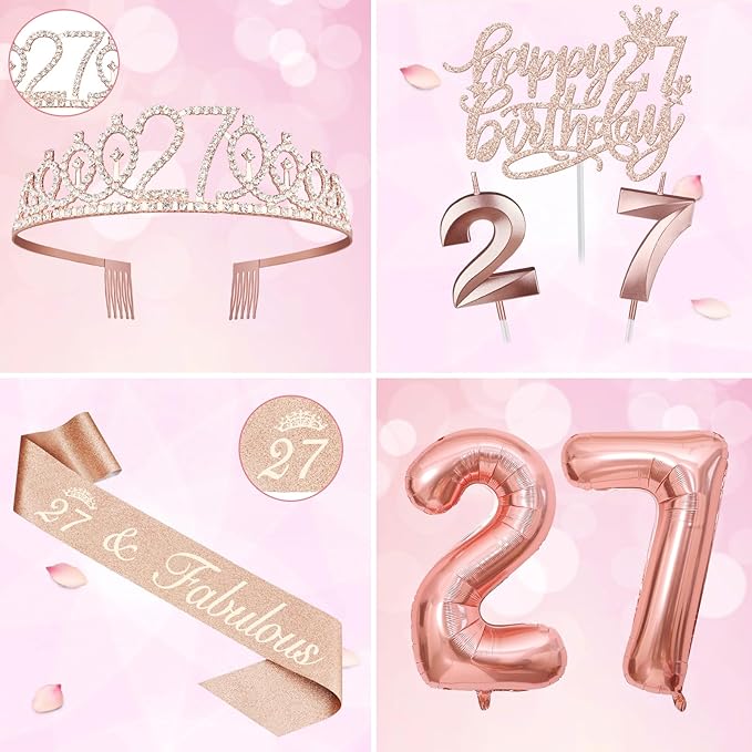 27th Birthday Decorations for Women, Include 27th Birthday Sash and Tiara, Cake Topper and Candles, Number Balloons, 27 Year Old Gifts for Women