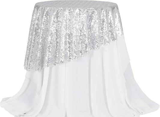 PartyDelight Sequin Tablecloth Round 50" Silver for Wedding Party Birthday Bridal Baby Shower and Other Events Decorations