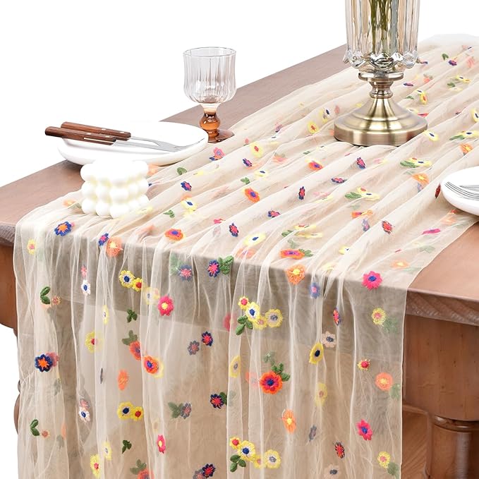 Joanlody 6pcs Champagne Summer Flower Table Runner 10ft Embroidery Daisy Floral Seasonal Tulle Table Runner for Home Garden Tea Party Holiday Birthday Decoration