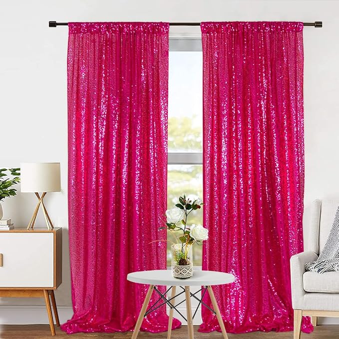 Eternal Beauty Sequin Backdrop Curtains, 2x8 Ft-2 Panels Hot Pink Back Drop for Mother's Day Shimmer Photography Party Wedding Birthday Decor