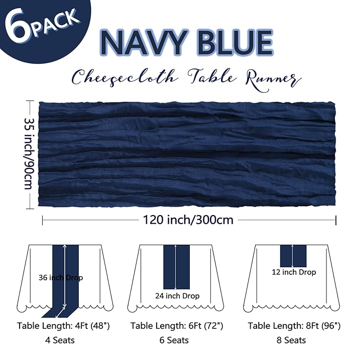 6 Pack Navy Blue Cheesecloth Table Runner 10Ft Gauze Cheese Cloth Table Runner 35x120 Inch Boho Sheer Rustic Fabric for Holiday Party Decor Baby Shower Wedding Home Decorations