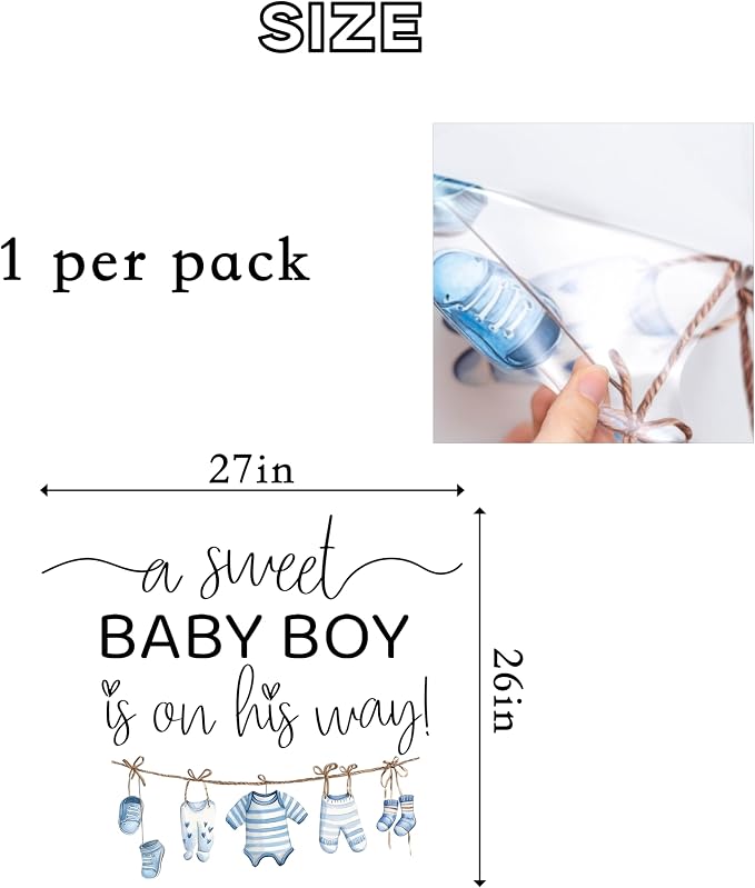 A Sweet Baby Boy is On His Way Decal - Baby Boy Gender Reveal Wall Decal, Nursery Shower Party Decoration, Blue Clothesline Design (Blue)