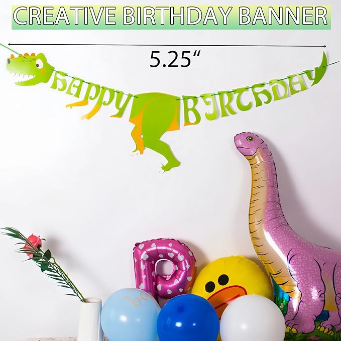Cartoon Dinosaur Themed Happy Birthday Party Decorations, Plates Napkins Cups Tableware, Dino Backdrop Tablecloth, Happy Birthday Banner, Cake Topper, Colorful Printed Balloons for Kids Adults