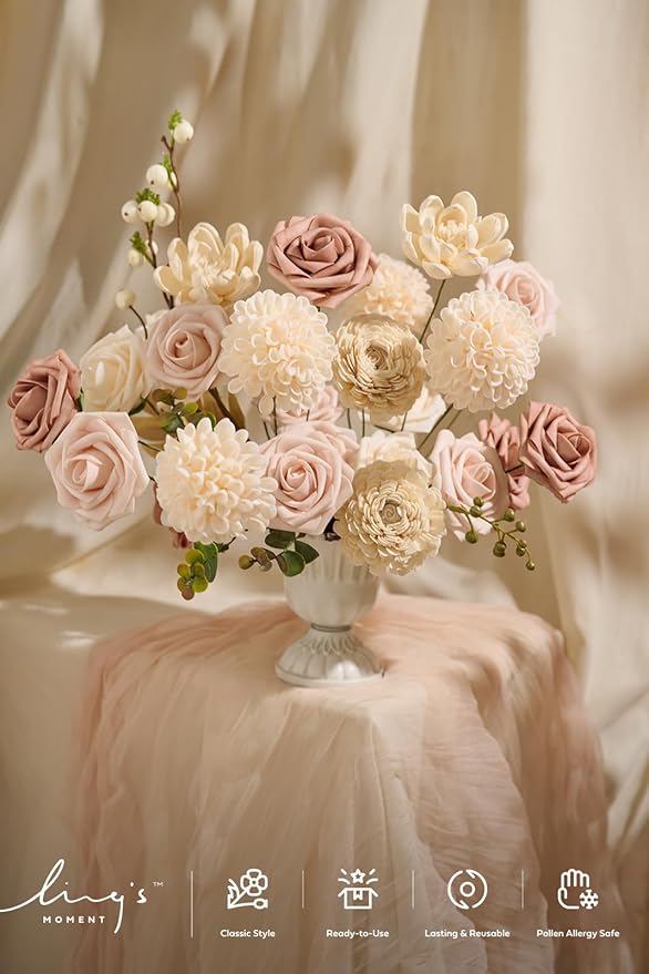 Ling's moment Fake Flowers Box, Faux Artificial Greenery Stems Foam Dahlia Roses Silk Willow Fabic Flower for Centerpieces Bouquet Wedding Vase Decorations, Dusty Rose & Cream & Blush, Grand Combo