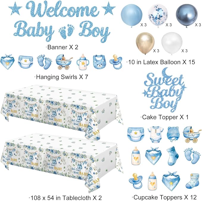 Blue Baby Boy Shower Decorations - Plates, Napkins, Cups, Cutlery, Honeycomb Centerpieces, Banner, Hanging Swirls, Tablecloths, Toppers, Sash, Balloons for Jean Boy Baby Shower Decorations, Serves 20