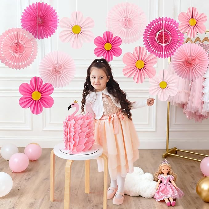 Pink Party Decorations, 12PCS Paper Fans Flowers Wall Backdrop for Wedding, Birthday, Baby Shower, Bridal Shower, Nursery, Indoor Outdoor Classroom Decor