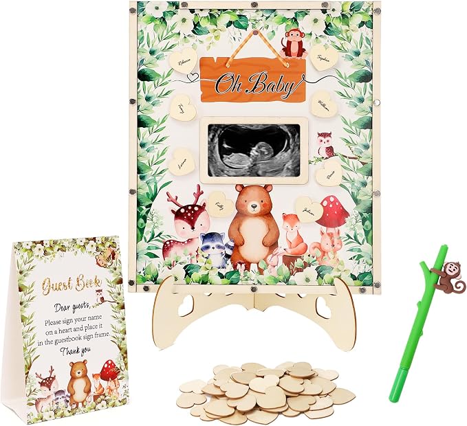 Woodland Baby Shower Decorations,Woodland Animals Baby Shower Guest Book Alternatives with Monkey Pen,Photo Frame and 60 Heart Wood Slices for 60 Guests,Gender Reveal Decorations