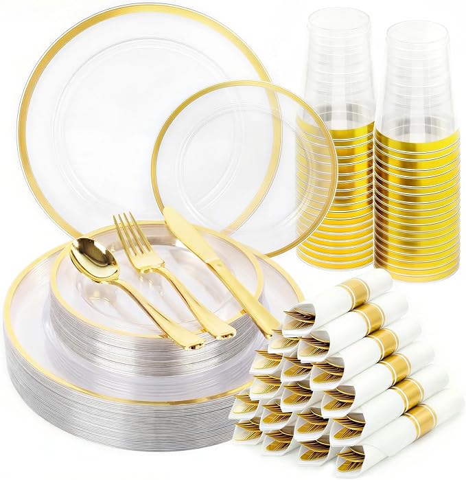 350pcs Plastic Dinnerware Set Clear & Gold | Disposable Plastic Plates for 50 Guests Include 100 Plastic Plates,50 Cups & 50 Pre Rolled Napkins with Cutlery Set for Party
