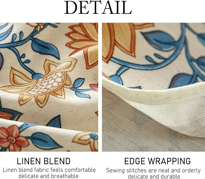 ISAENNE Designer Vintage Linen Rectangular Tablecloth,87"x55"-Estevan B | French Elegant Printed Table Cloth for Rectangle Table,Orange Floral Pattern,Dining Room,Kitchen,Tea Party,Thanksgiving