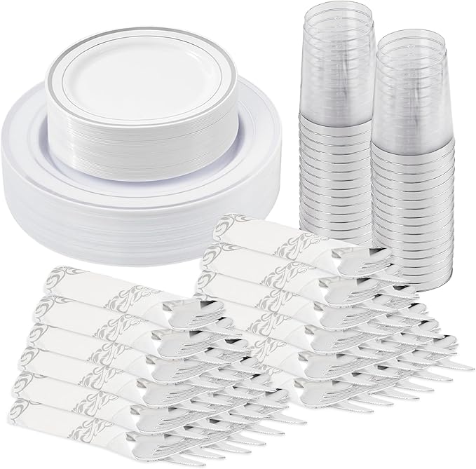 Fijinhom 175 Pcs Silver Disposable Plates for 25 Guests, Disposable Plastic Plates, Dinnerware Set Include 25 Dinner Plates, 25 Salad Plates,25 Cups, 25 Paper Napkins for Party, Wedding, New Year