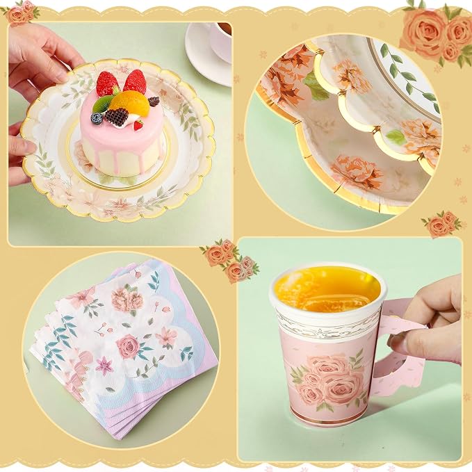 Yungyan 193 Pcs 48 Guests Tea Birthday Party Supplies Disposable Tableware Set 9 oz Paper Tea Cups with Handle 7" 9" Paper Plates Napkin Tablecloth for Floral Party Wedding Baby Shower (Sweet Style)