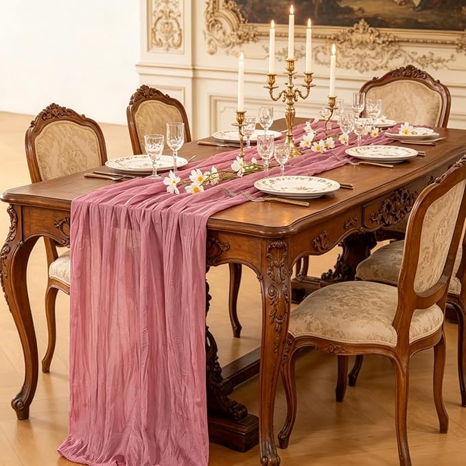 16 Pack Dusty Rose Cheesecloth Table Runner 10FT, Boho Gauze Cheese Cloth Table Runner Long Rustic Sheer Dusty Pink Table Runners for Wedding Bridal Baby Shower Birthday Party Table Decorations