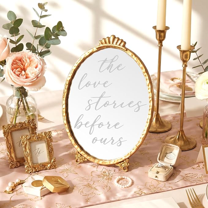 Bucherry Vintage Love Wedding Sign The Love Stories Before Ours Mirror Plaque Elegant Resin Frame with Mirror 10.6" x 7.9" Baroque Reception Decor Gold Table Centerpiece