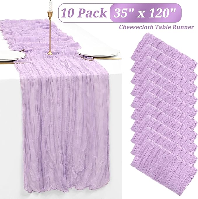Showgeous 10 Pack Lilac Cheesecloth Table Runner Gauze Table Runner 10FT Long Semi-Sheer Table Runner Boho or Rustic Wedding Table Decor for Wedding Decor Arch Draping Bridal Shower Holiday Party