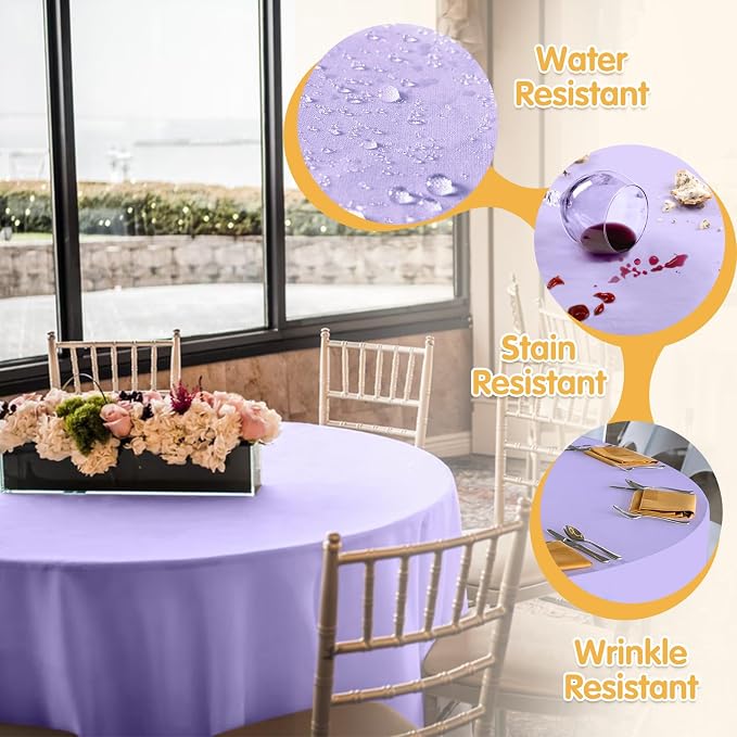 BRILLMAX 6 Pack Lavender Round Tablecloths 90 Inch for 60” Tables - 150 GSM Polyester Fabric, 15" Standard Drop, Water, Stain & Wrinkle Resistant Cloth Cover for Wedding Reception Banquet Dining