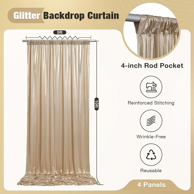 20x10FT Champagne Sequin Backdrop Curtain for Party - 4 Panels 5x10FT Wrinkle-Free Shimmer Drapes for Birthday, Wedding, Christmas, Decorations & Photography